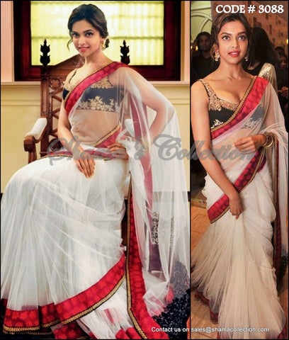 3088 Deepika Padukone's white-red-black lehenga saree outfit set