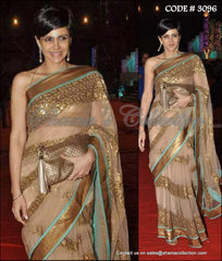 3096 Mandira Bedi's gold-turquoise saree outfit set