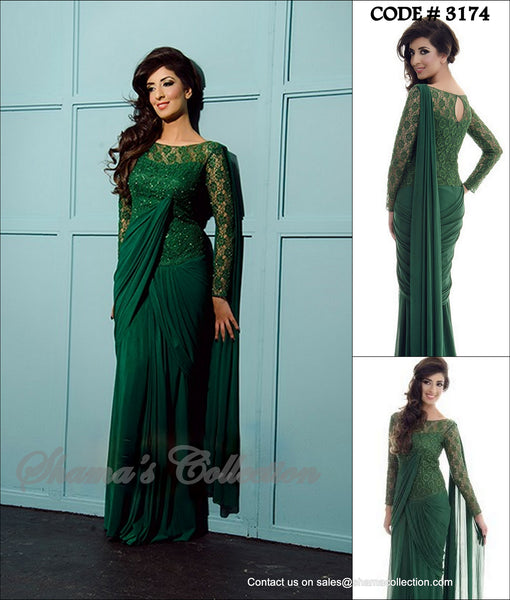 3174 Green saree gown outfit set