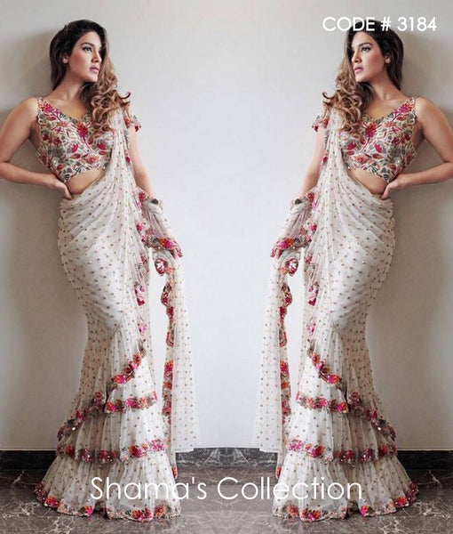 3184 White Sequin Ruffle Saree with Colorful Embroidery outfit set