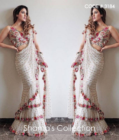 3184 White Sequin Ruffle Saree with Colorful Embroidery outfit set