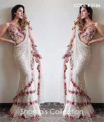 3184 White Sequin Ruffle Saree with Colorful Embroidery outfit set