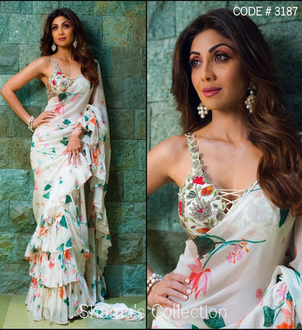 3187 Shilpa Shetty's Printed Off White Ruffle Saree outfit set