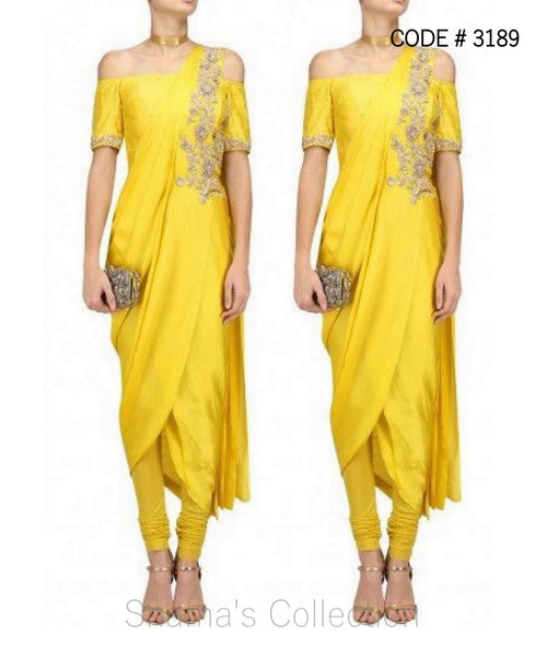 3189 Yellow Drape Saree outfit set