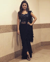 3190 Jennifer Winget's Black Fur and Ruffle Saree Gown outfit set