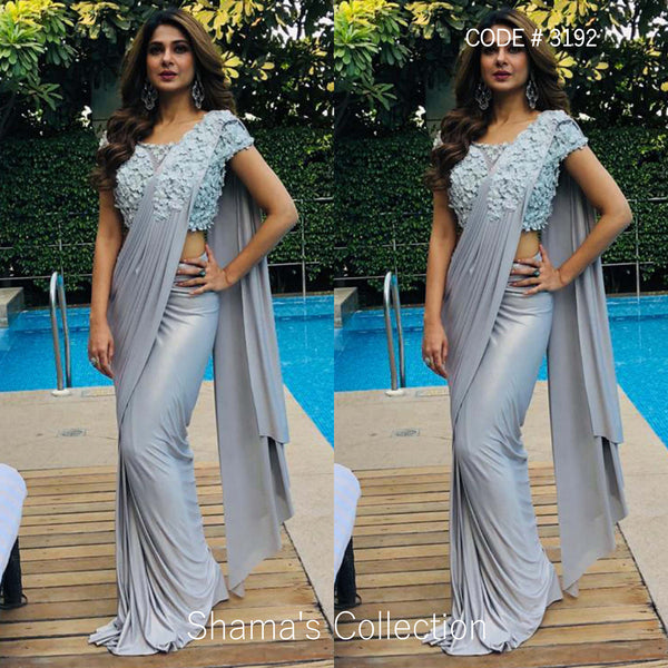 3192 Jennifer Winget's Stitched Grey Saree with White Work outfit set