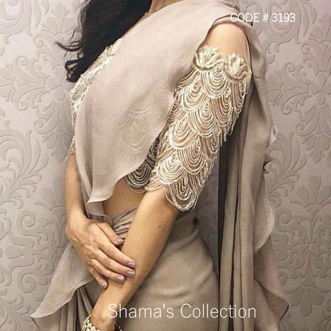 3193 Taupe Ruffle Saree with Heavy Blouse outfit set