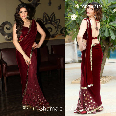 3195 Zarine Khan's Maroon Velvet Saree outfit set