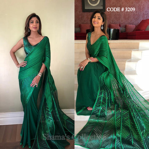 3209 Shilpa Shetty's Peacock Inspired Emerald Green Saree outfit set Gown