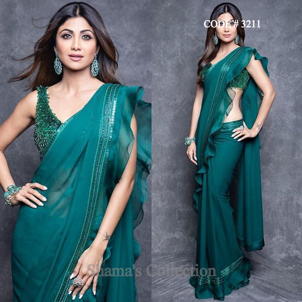 3211 Shilpa Shetty's Emerald Green Ruffle Saree With Fringe Blouse outfit set