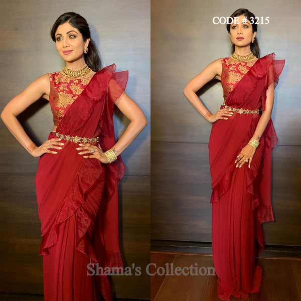 3215 Shilpa Shetty's Maroon Belted Ruffle Saree outfit set