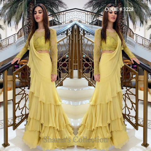 3228 Vani Kapoor's Greenish Yellow Ruffle Saree Gown outfit set