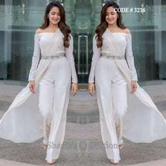 3236 Pragya Jaiswal's White Off the Shoulder Palazzo/ Jumpsuit Saree outfit set