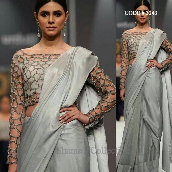 3243 Silver Saree With Cutwork Blouse outfit set