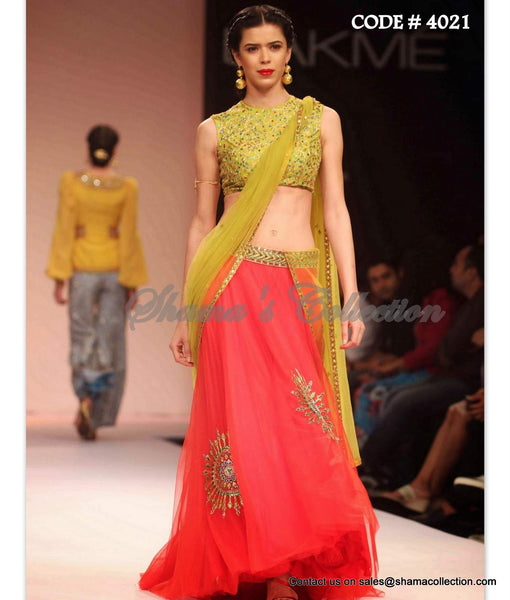 4021 Pear yellow-coral red lehenga outfit set