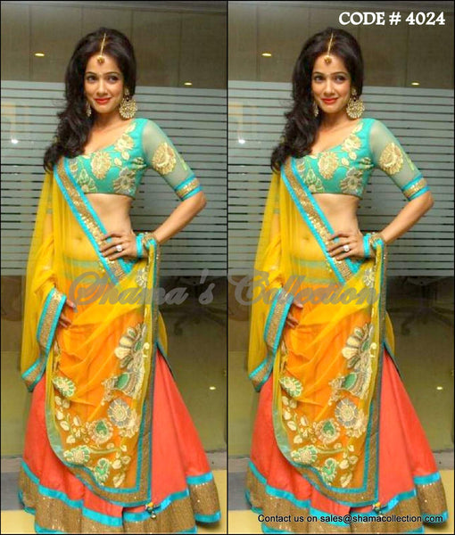 4024 Vidya Malvade's coral-sky blue-yellow lehenga outfit set