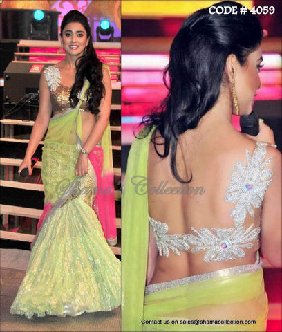 4059 Shriya Saran's green-pink fishcut lehenga outfit set