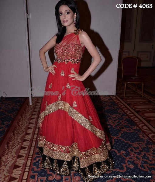 4063 Amrita Rao's red-black anarkali lehenga outfit set