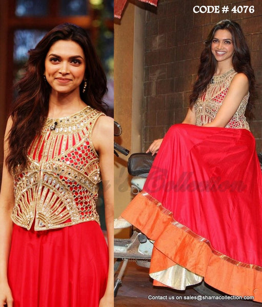 4076 Deepika Padukone's orange red anarkali gown and jacket outfit set