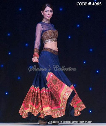 4082 Midnight blue and coral pink lehenga outfit set