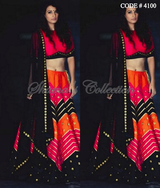 4100 Geometric black-pink-orange lehenga set outfit set