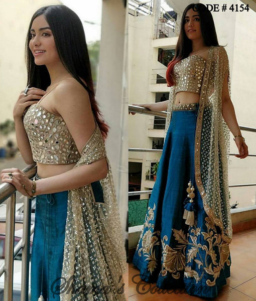 4154 Adah Sharma in Blue Beige Jacket Lengha outfit set