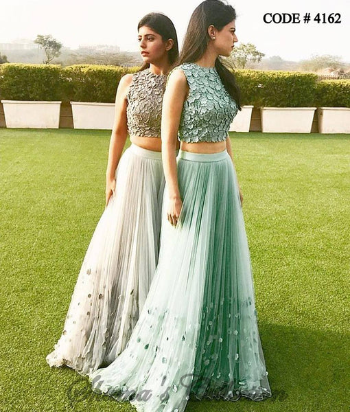 4162 Mint/Grey Cutwork Floral Croptop Lengha outfit set