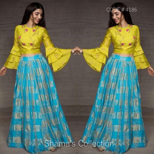 4186 Blue Yellow Bell Sleeves Pleated Lengha outfit set