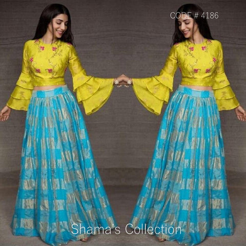 4186 Blue Yellow Bell Sleeves Pleated Lengha outfit set