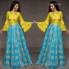 4186 Blue Yellow Bell Sleeves Pleated Lengha outfit set