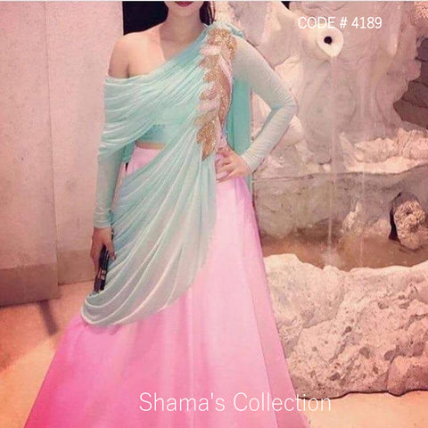 4189 Pink And Blue one Shoulder Drape lengha outfit set