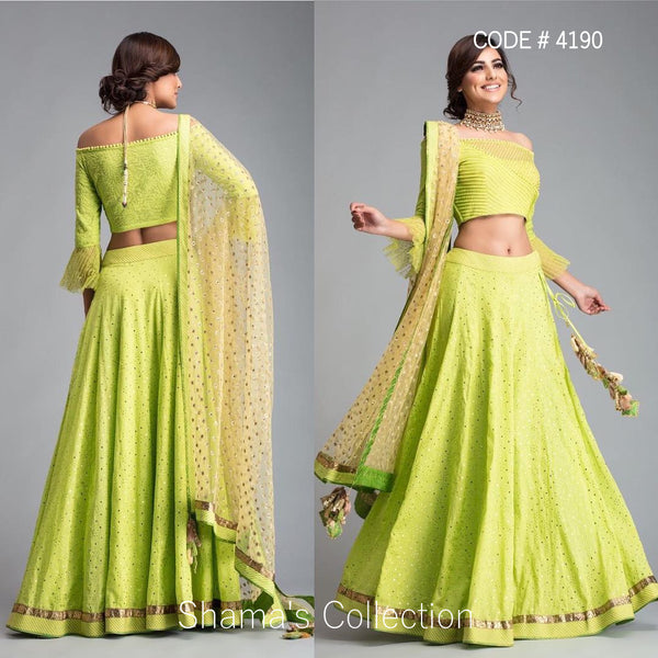 4190 Off Shoulder Parrot Green Lengha outfit set