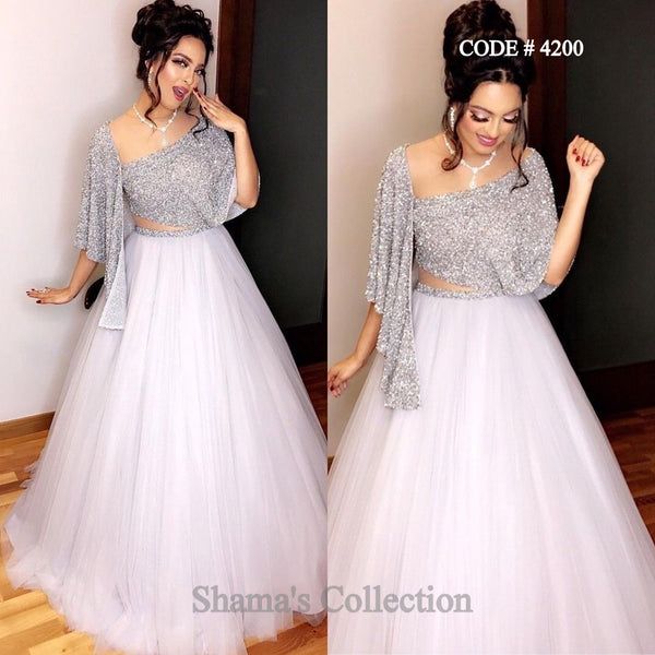 4200 Silver Drape Blouse And White Lehenga outfit set