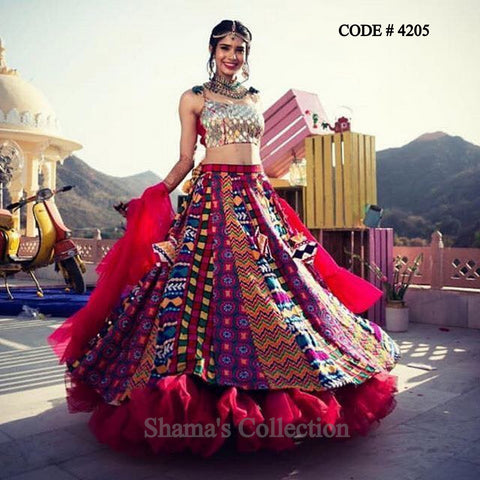 4205 Mirror Work Blouse And Colorful Lehenga With Ruffle Dupatta outfit set