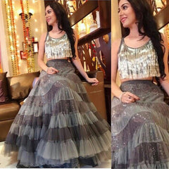 4184 Grey Fringe and Ruffle Lengha outfit set