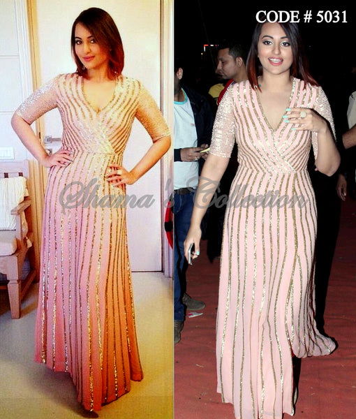 5031 Sonakshi Sinha's peach sequin gown outfit set