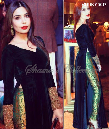 5043 Maheen Taseer's bottle green maxi-top and pants outfit set