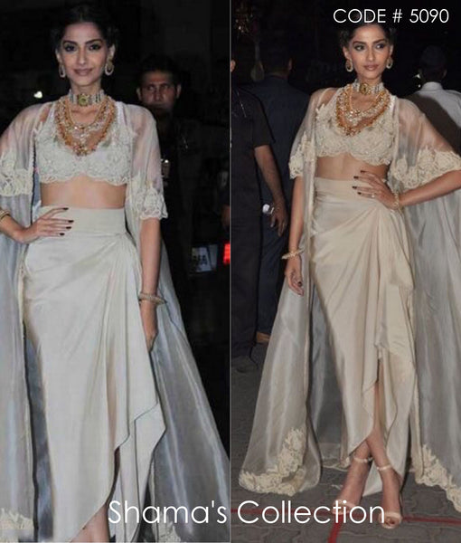 5090 Sonam Kapoor's Ivory Drape Skirt Blouse Kaftan Jacket outfit set