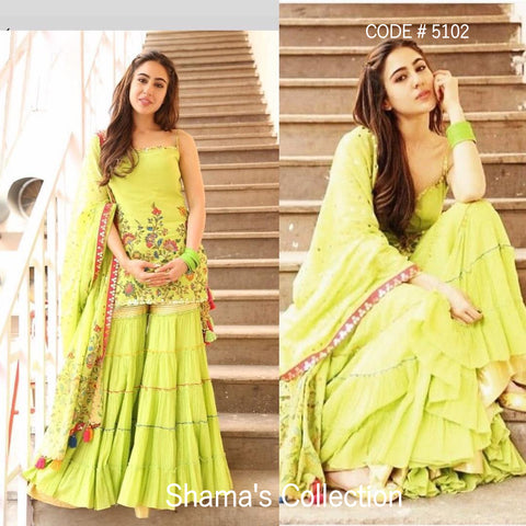 5102 Sara Ali Khan's Parrot Green Sharara With Multicolor Work outfit set