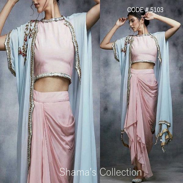 5103 Muted Pink And Blue Drape Skirt, Croptop and Cape outfit set