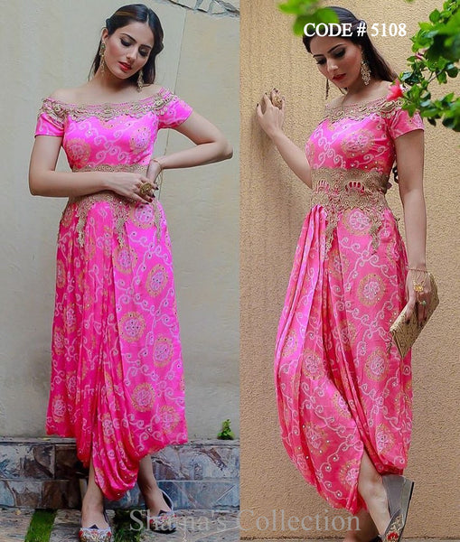 5108 Pink Bandhani Off Shoulder Dhoti Gown outfit set