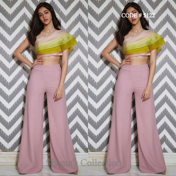 5122 Ananya Pandey's One Shoulder Ruffle Top In Candy Colors With Blush Pink Palazzo outfit set