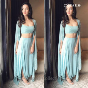 5139 Sky Blue Indowestern Three Piece (Top, Drape Skirt And Cape) outfit set