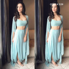 5139 Sky Blue Indowestern Three Piece (Top, Drape Skirt And Cape) outfit set