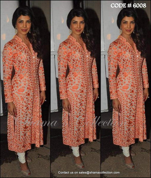 6008 Priyanka Chopra's white-orange straight fit dress outfit set