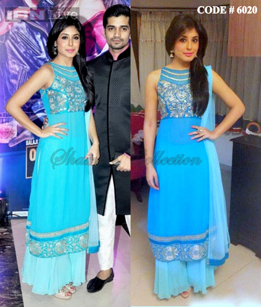 6020 Kritika Kamra in sky blue palazzo and straight fit outfit set