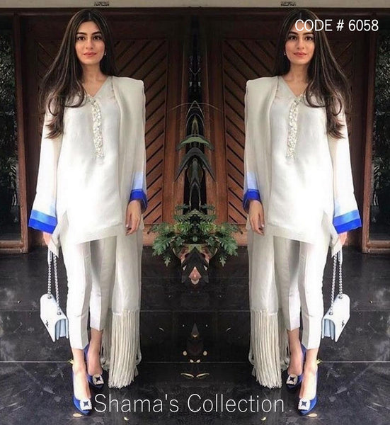 6058 White Straight fit Kameez With Pants And Dupatta outfit set