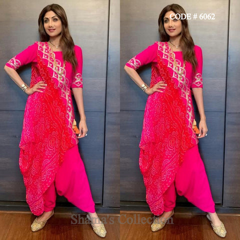 6062 Shilpa Shetty's Pink And Red Bandhani Drape Dupatta Patiala Suit outfit set