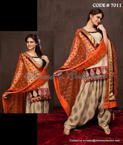 7011 Cream-orange patiala suit outfit set